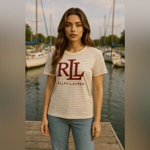 Ralph Lauren stripe tee w/embroidered deep red logo,round neck,short sleeve ❤️